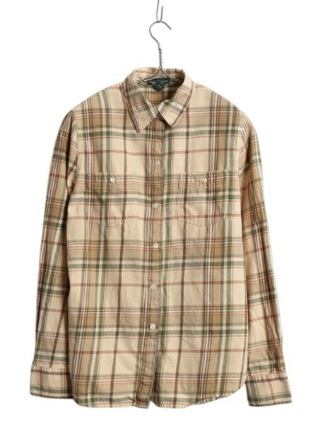 00s ローレンジーンズ ラルフローレン チェック 長袖 フランネル シャツ レディース M オールド ポロ コットン ネルシャツ 長袖シャツ 薄手