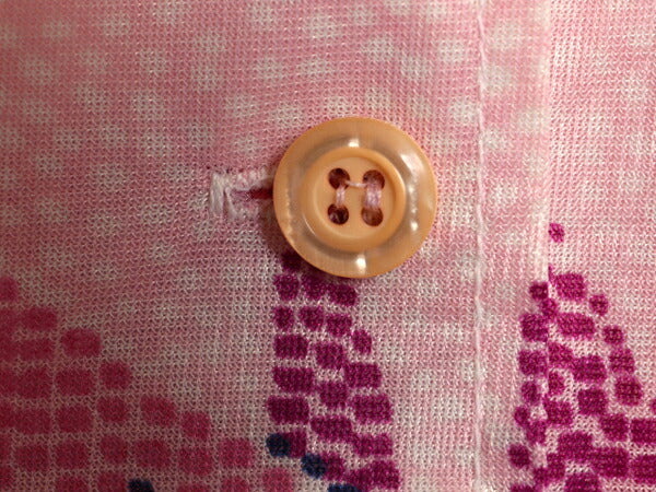 70s Marty Gutmacher デザイン シャツ レディース M 程 古着 ヴィンテージ 総柄 オープンカラー 長袖シャツ ポリシャツ 透け感 薄手 スリム