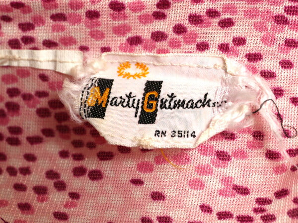 70s Marty Gutmacher デザイン シャツ レディース M 程 古着 ヴィンテージ 総柄 オープンカラー 長袖シャツ ポリシャツ 透け感 薄手 スリム