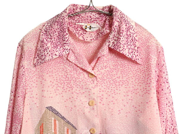 70s Marty Gutmacher デザイン シャツ レディース M 程 古着 ヴィンテージ 総柄 オープンカラー 長袖シャツ ポリシャツ 透け感 薄手 スリム