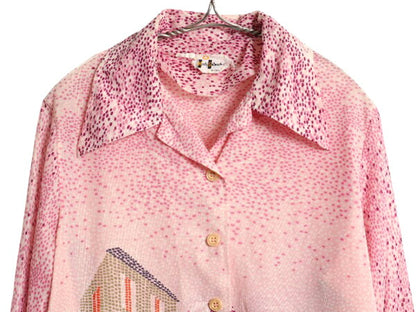 70s Marty Gutmacher デザイン シャツ レディース M 程 古着 ヴィンテージ 総柄 オープンカラー 長袖シャツ ポリシャツ 透け感 薄手 スリム