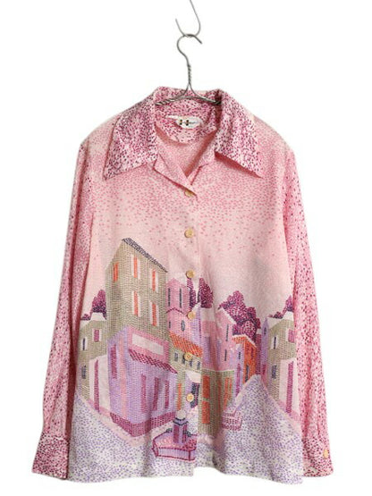 70s Marty Gutmacher デザイン シャツ レディース M 程 古着 ヴィンテージ 総柄 オープンカラー 長袖シャツ ポリシャツ 透け感 薄手 スリム
