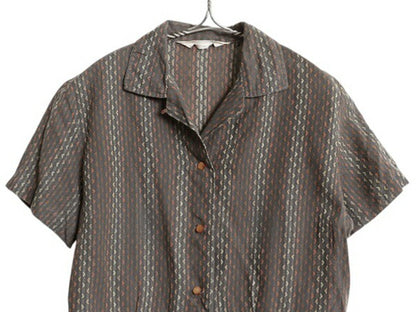 60s Dutchmaid 織柄入り 総柄 半袖 オープンカラー シャツ レディース XS 古着 ヴィンテージ ループ留め コットン ブラウス トップス 薄手