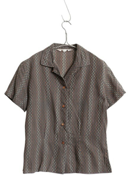 60s Dutchmaid 織柄入り 総柄 半袖 オープンカラー シャツ レディース XS 古着 ヴィンテージ ループ留め コットン ブラウス トップス 薄手