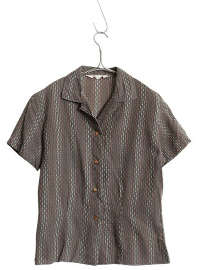 60s Dutchmaid 織柄入り 総柄 半袖 オープンカラー シャツ レディース XS 古着 ヴィンテージ ループ留め コットン ブラウス トップス 薄手