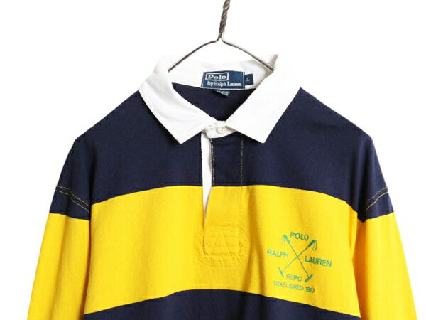 90s ポロ ラルフローレン ワイド ボーダー 長袖 ラガー シャツ メンズ L 古着 オールド ラグビーシャツ 長袖シャツ ツートン ワンポイント