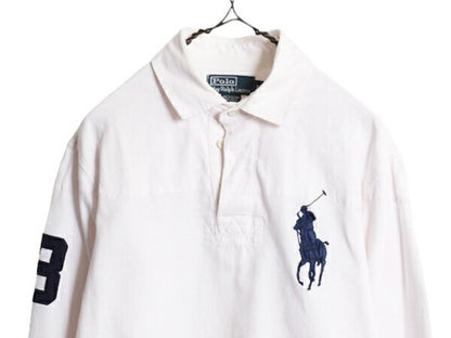 90s ビックポニー ポロ ラルフローレン 長袖 ラガー シャツ メンズ M / 90年代 オールド ラグビーシャツ 長袖シャツ ナンバリング ホワイト