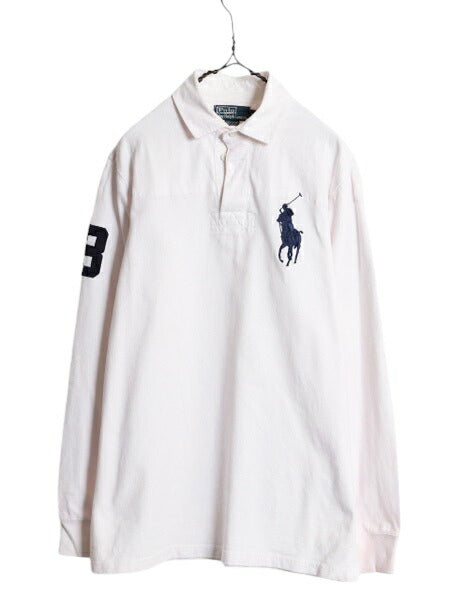 90s ビックポニー ポロ ラルフローレン 長袖 ラガー シャツ メンズ M / 90年代 オールド ラグビーシャツ 長袖シャツ ナンバリング ホワイト
