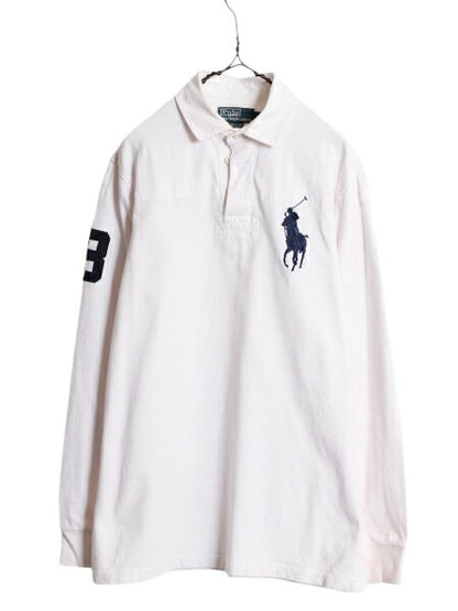 90s ビックポニー ポロ ラルフローレン 長袖 ラガー シャツ メンズ M / 90年代 オールド ラグビーシャツ 長袖シャツ ナンバリング ホワイト