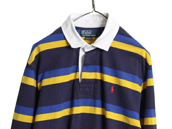 90s ポロ ラルフローレン ボーダー 長袖 ラガー シャツ メンズ L 古着 90年代 オールド ラグビー 長袖シャツ ヘビーウェイト ワンポイント