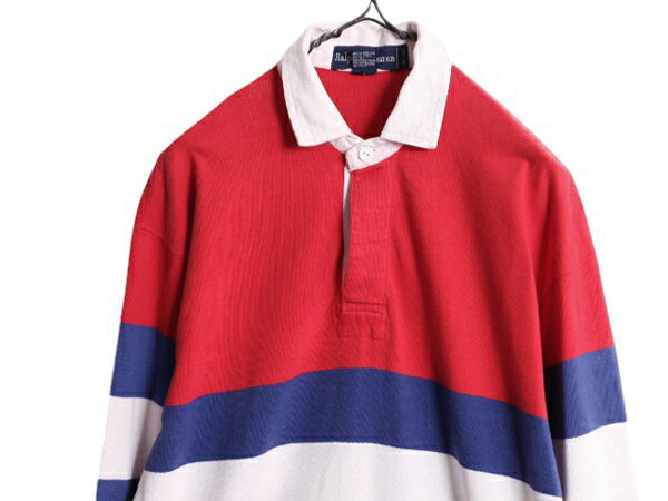 90s ラルフローレン ボーダー 長袖 ラガー シャツ メンズ L 程 古着 90年代 オールド ポロ ラグビー 長袖シャツ ヘビーウェイト ポニー刺繍