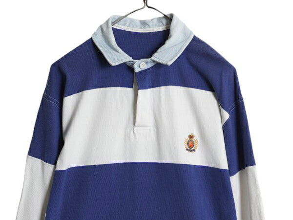 90s ポロ ラルフローレン ボーダー 長袖 ラガー シャツ メンズ XL 程 / オールド 長袖シャツ ラグビーシャツ 襟 デニム 切替 大きいサイズ