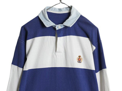 90s ポロ ラルフローレン ボーダー 長袖 ラガー シャツ メンズ XL 程 / オールド 長袖シャツ ラグビーシャツ 襟 デニム 切替 大きいサイズ