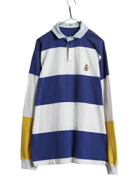 90s ポロ ラルフローレン ボーダー 長袖 ラガー シャツ メンズ XL 程 / オールド 長袖シャツ ラグビーシャツ 襟 デニム 切替 大きいサイズ