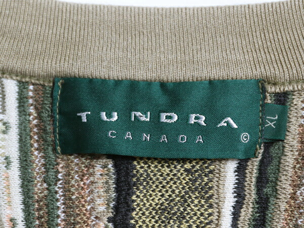 90s カナダ製 TUNDRA 3D 立体編み Vネック デザイン ニット セーター メンズ XL 小さめ L 程 オールド コットン 大きいサイズ マルチカラー