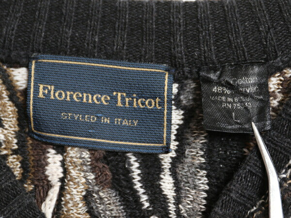 90s FLORENCE TRICOT 3D 立体編み デザイン ニット セーター メンズ L 古着 オールド コットン アクリル 総柄 マルチカラー クルーネック