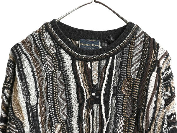 90s FLORENCE TRICOT 3D 立体編み デザイン ニット セーター メンズ L 古着 オールド コットン アクリル 総柄 マルチカラー クルーネック