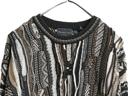 90s FLORENCE TRICOT 3D 立体編み デザイン ニット セーター メンズ L 古着 オールド コットン アクリル 総柄 マルチカラー クルーネック
