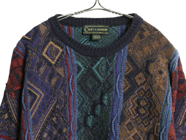 90s CROFT&BARROW 3D 立体編み デザイン ニット セーター メンズ L / オールド コットン アクリル 長袖ニット クルーネック マルチカラー