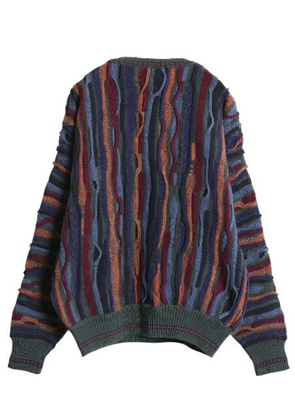 90s FLORENCE TRICOT 3D 立体編み デザイン ニット セーター メンズ L オールド コットン アクリル 長袖ニット クルーネック マルチカラー