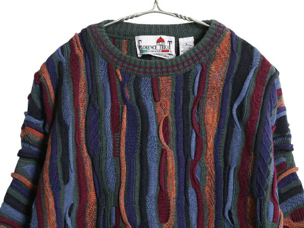 90s FLORENCE TRICOT 3D 立体編み デザイン ニット セーター メンズ L オールド コットン アクリル 長袖ニット クルーネック マルチカラー