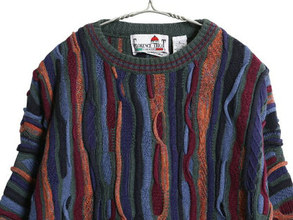 90s FLORENCE TRICOT 3D 立体編み デザイン ニット セーター メンズ L オールド コットン アクリル 長袖ニット クルーネック マルチカラー