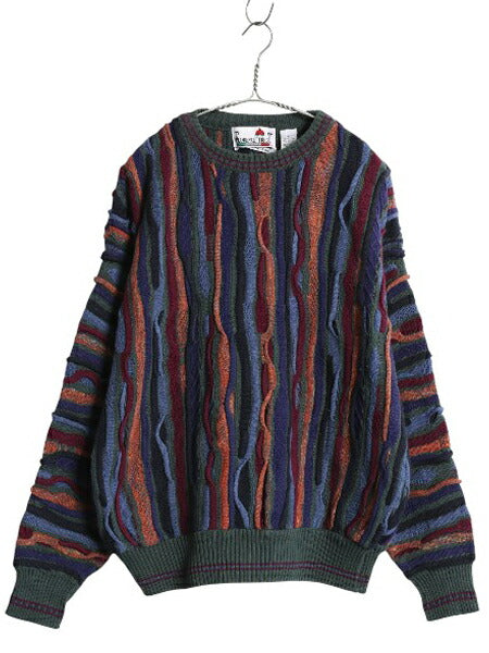 90s FLORENCE TRICOT 3D 立体編み デザイン ニット セーター メンズ L オールド コットン アクリル 長袖ニット クルーネック マルチカラー