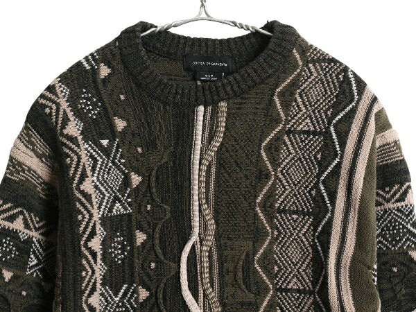 COTTON ON GARMENTS 3D 立体編み デザイン ニット セーター メンズ S / 長袖ニット クルーネック 総柄 マルチカラー プルオーバー ゆったり