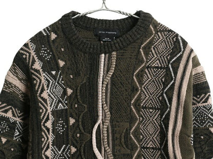 COTTON ON GARMENTS 3D 立体編み デザイン ニット セーター メンズ S / 長袖ニット クルーネック 総柄 マルチカラー プルオーバー ゆったり