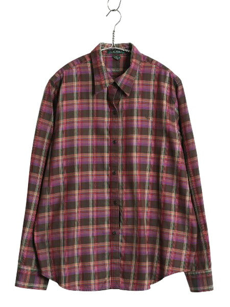 00s ローレン ラルフローレン チェック 長袖 シャツ レディース XL / オールド コットン マルチカラー ワンポイント 大きいサイズ きれいめ