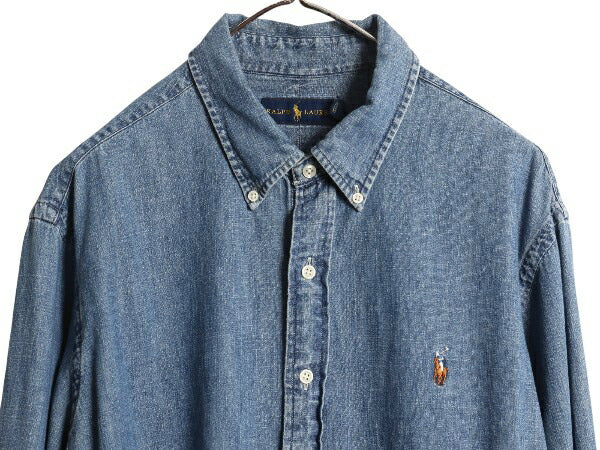 ラルフローレン ボタンダウン 長袖 デニム シャツ メンズ XL 古着 長袖シャツ コットン ワンポイント カジュアル シンプル 大きいサイズ BD