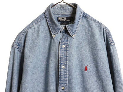 90s ラルフローレン ボタンダウン 長袖 デニム シャツ メンズ L オールド ポロ 長袖シャツ ワンポイント ヘビーウェイト コットン シンプル