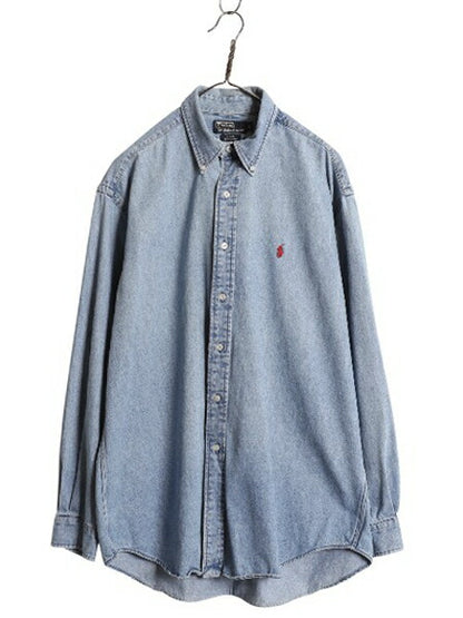 90s ラルフローレン ボタンダウン 長袖 デニム シャツ メンズ L オールド ポロ 長袖シャツ ワンポイント ヘビーウェイト コットン シンプル