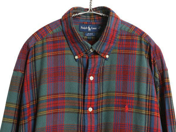 90s ラルフローレン チェック 長袖 ボタンダウン シャツ メンズ XL 古着 オールド ポロ 長袖シャツ コットン 大きいサイズ マルチカラー BD