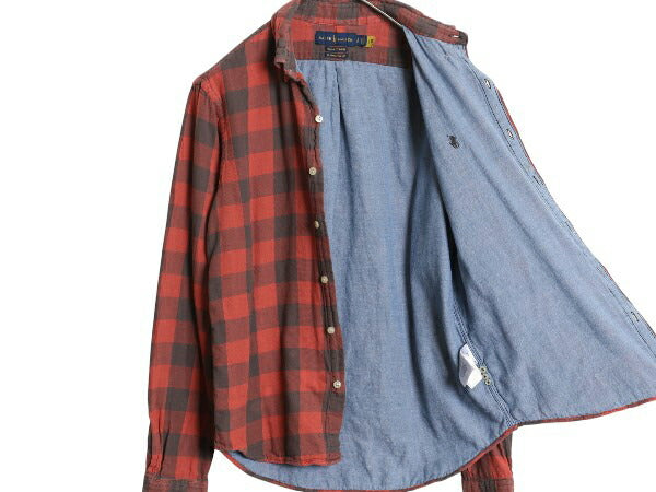 ラルフローレン チェック 長袖 ボタンダウン シャツ メンズ S 古着 ポロ 長袖シャツ コットン ガーゼ 2レイヤー シャンブレー ライナー付き