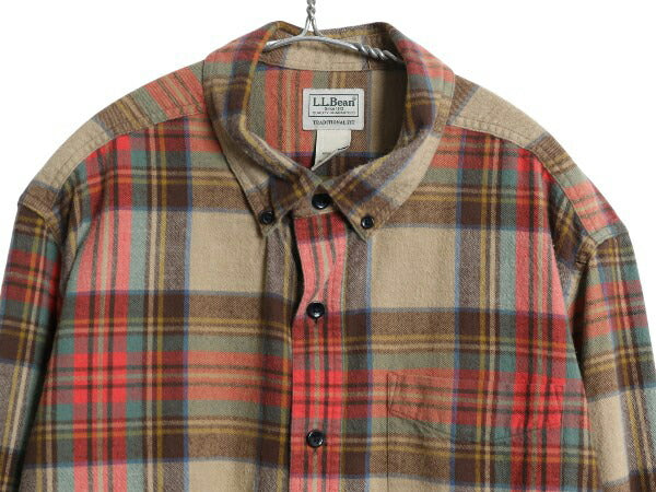 エルエルビーン チェック 長袖 ボタンダウン フランネル シャツ メンズ L 古着 長袖シャツ BD ネルシャツ コットン マルチカラー ゆったり