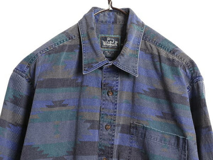 90s ウールリッチ ネイティブ 総柄 長袖 シャツ メンズ M 古着 オールド コットン キャンバス ヘビーウェイト アウトドア カジュアル 厚手