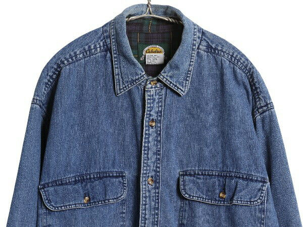 90s カベラス デニム シャツ メンズ XL / オールド 長袖 シャツ コットン チェック ライナー付き シンプル カジュアル 大きいサイズ ブルー