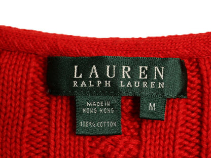 90s LAUREN ラルフローレン Vネック コットン ケーブル ニット セーター レディース M / ポロ 長袖ニット 無地 ポニー無し シンプル レッド