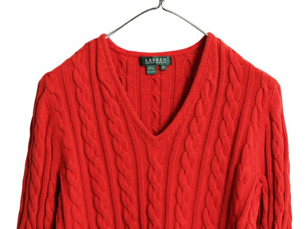 90s LAUREN ラルフローレン Vネック コットン ケーブル ニット セーター レディース M / ポロ 長袖ニット 無地 ポニー無し シンプル レッド