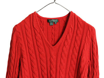 90s LAUREN ラルフローレン Vネック コットン ケーブル ニット セーター レディース M / ポロ 長袖ニット 無地 ポニー無し シンプル レッド