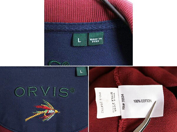 オービス 鹿の子 長袖 ポロシャツ メンズ L / ORVIS アウトドア 長袖シャツ ワンポイント ヘビーウェイト コットン バーガンディ シンプル