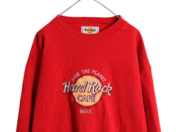 90s USA製 ハードロックカフェ スウェット メンズ レディース L 古着 90年代 Hard Rock CAFE ロゴ刺繍 企業 ヘビーウェイト トレーナー 赤