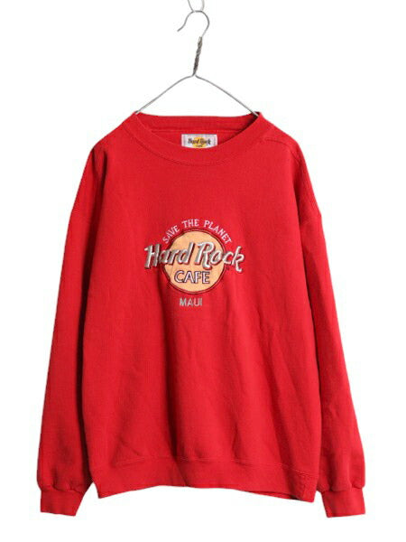 90s USA製 ハードロックカフェ スウェット メンズ レディース L 古着 90年代 Hard Rock CAFE ロゴ刺繍 企業 ヘビーウェイト トレーナー 赤