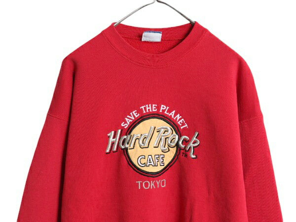 90s ハードロックカフェ スウェット メンズ レディース L 程 古着 90年代 Hard Rock CAFE ロゴ刺繍 企業 ヘビーウェイト トレーナー レッド