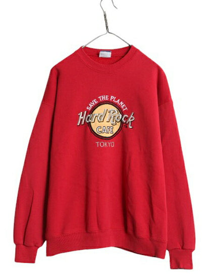 90s ハードロックカフェ スウェット メンズ レディース L 程 古着 90年代 Hard Rock CAFE ロゴ刺繍 企業 ヘビーウェイト トレーナー レッド