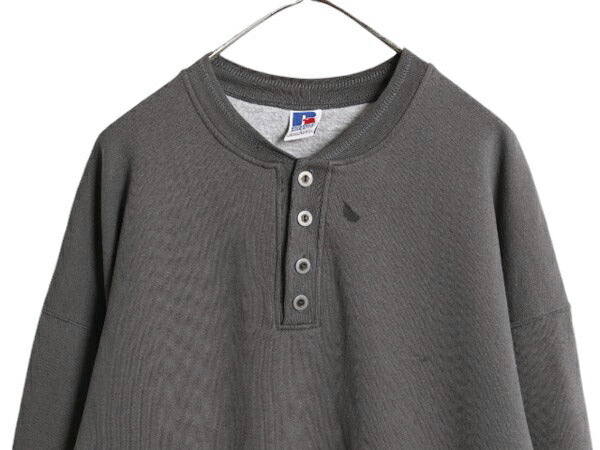 90s USA製 ラッセル ヘンリーネック 無地 スウェット メンズ L / 古着 90年代 オールド トレーナー RUSSELL 裏起毛 カットソー タイプ 濃灰