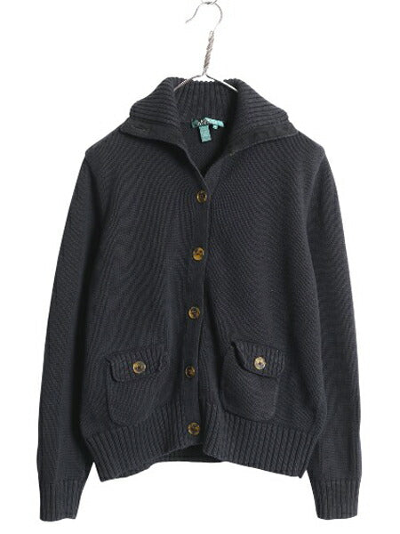 90s ローレン ラルフローレン ニット カーディガン ジャケット レディース XL 古着 オールド ポロ ハイネック コットン セーター 前開き 黒