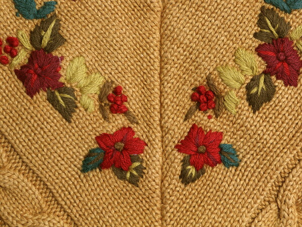 90s オールド ギャップ チルデン ニット セーター レディース M 長袖ニット 花 刺繍 ヘビーウェイト コットン リブ編み ダーク マスタード