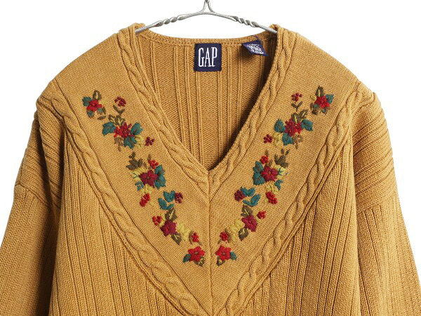90s オールド ギャップ チルデン ニット セーター レディース M 長袖ニット 花 刺繍 ヘビーウェイト コットン リブ編み ダーク マスタード